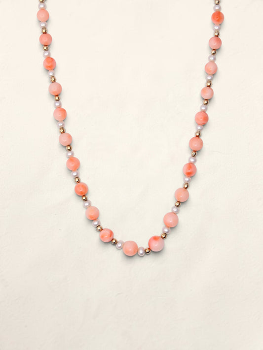 14K Yellow Gold Coral Bead Station Necklace