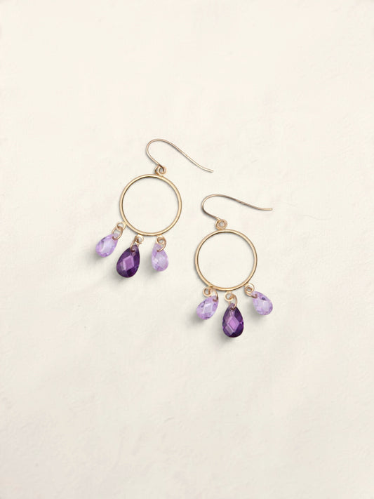 14K Yellow Gold Purple Glass Drop Hoop Earrings
