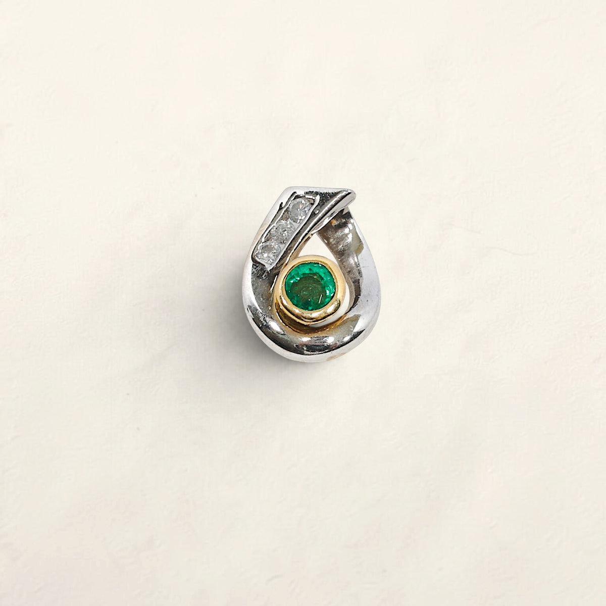 14K White Gold Emerald and Diamond Pendant