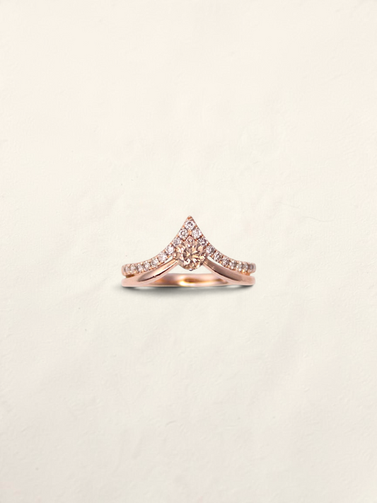 Zafrah 14K rose gold Levian teardrop ring featuring round chocolate diamonds in a V-shaped band design.