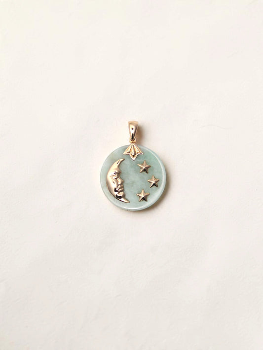14K Yellow Gold Jade Moon and Star Pendant