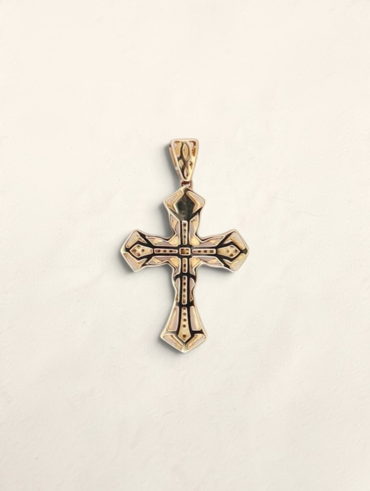 Zafrah 10k yellow gold cross pendant featuring 44 round diamonds with intricate engraved detailing