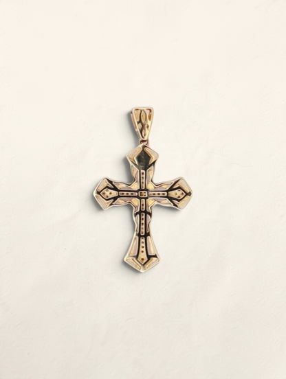 Zafrah 10k yellow gold cross pendant featuring 44 round diamonds with intricate engraved detailing