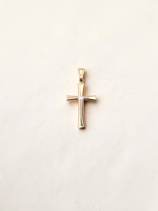 14k Yellow Gold Solitaire Diamond Cross Pendant