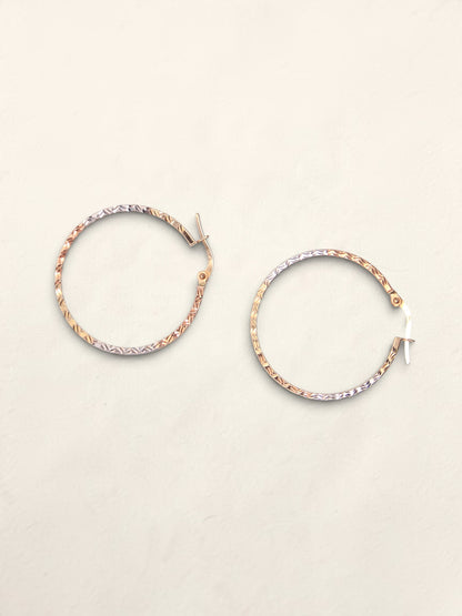 14K Tri-Tone Textured Hoop Earrings