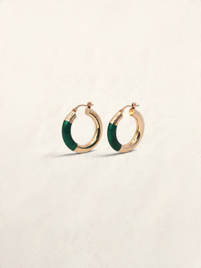 14K Yellow Gold Green Enamel Hoops