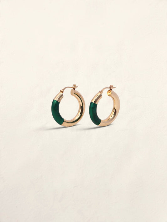14K Yellow Gold Green Enamel Hoops