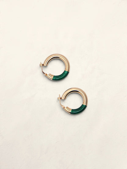 14K Yellow Gold Green Enamel Hoops