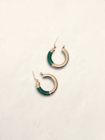 14K Yellow Gold Green Enamel Hoops