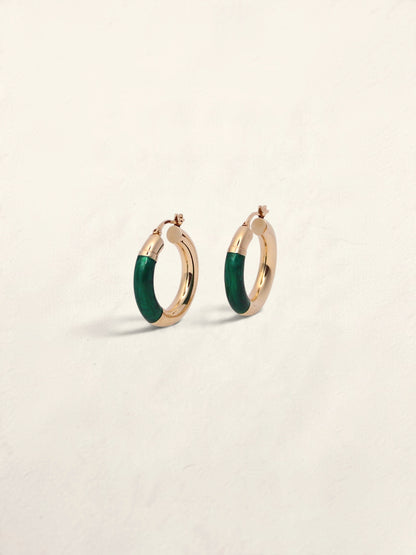 14K Yellow Gold Green Enamel Hoops