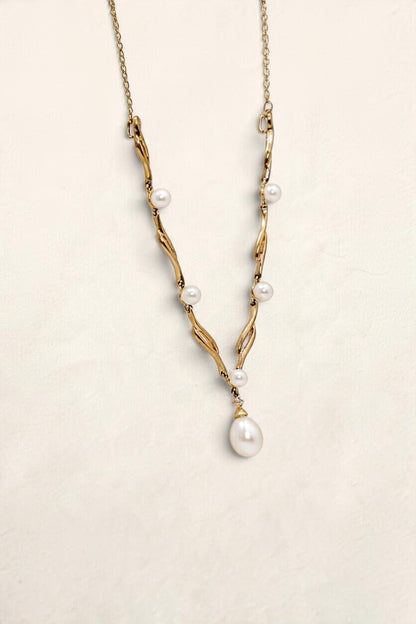 10K Yellow Gold Pearl Diamond Necklace