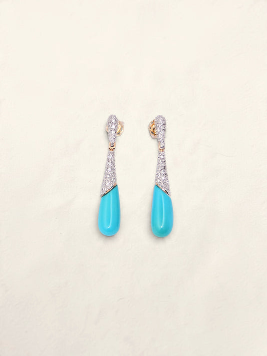 14K Yellow Gold Teal & Diamond Dropdown Earrings