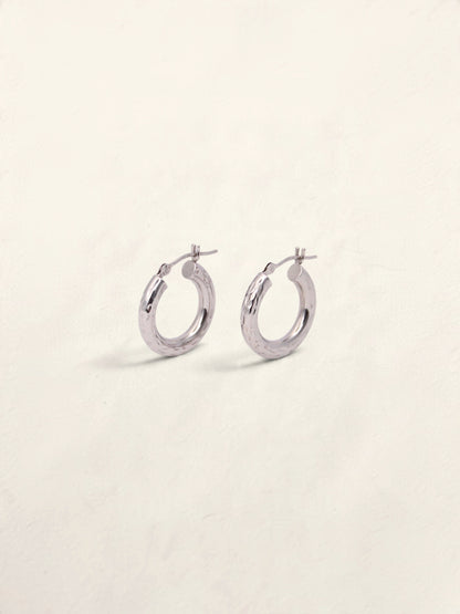 14K White Gold Small Textured Hoops