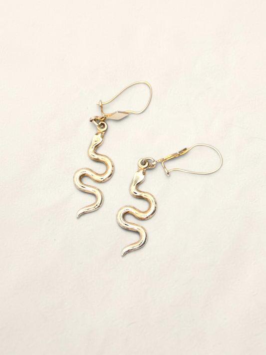 Zafrah 14K yellow gold snake drop earrings with a polished finish and secure hook backings