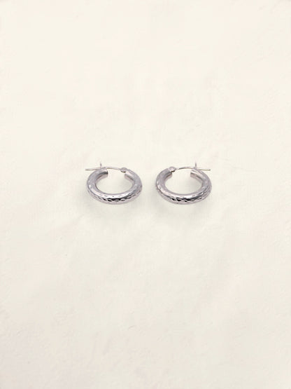14K White Gold Small Textured Hoops