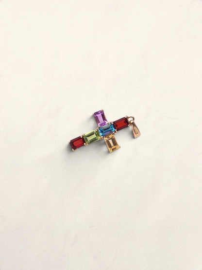 14K Yellow Gold Gemstone Cross Pendant