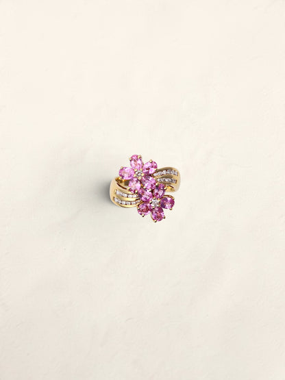 18K Yellow Gold Pink Sapphire Flower Ring with Diamonds