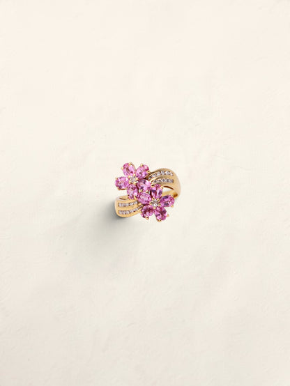 18K Yellow Gold Pink Sapphire Flower Ring with Diamonds