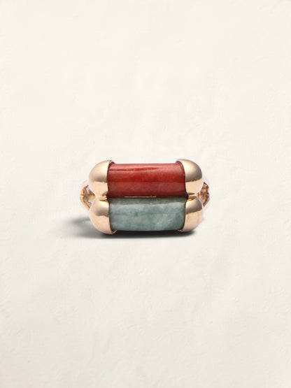 14k Green & Red Jade Ring
