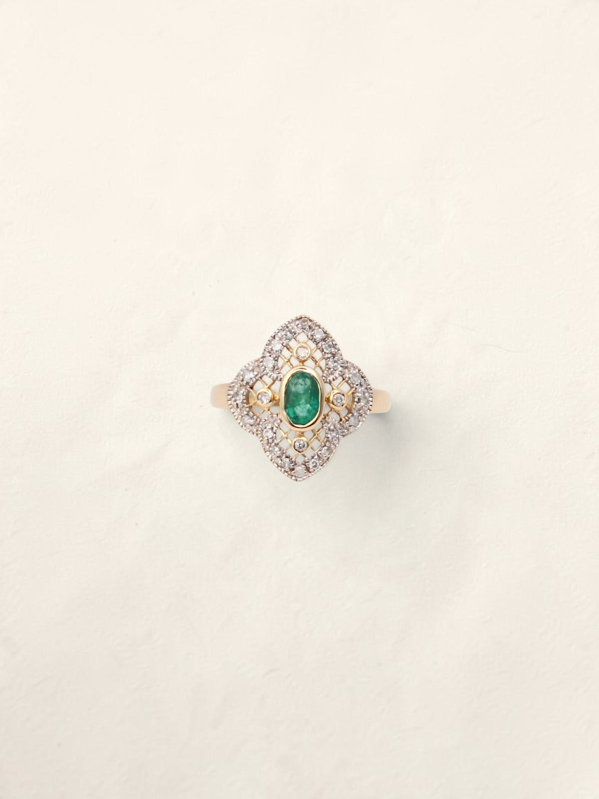 14K Yellow Gold Antique Emerald and Diamond Ring