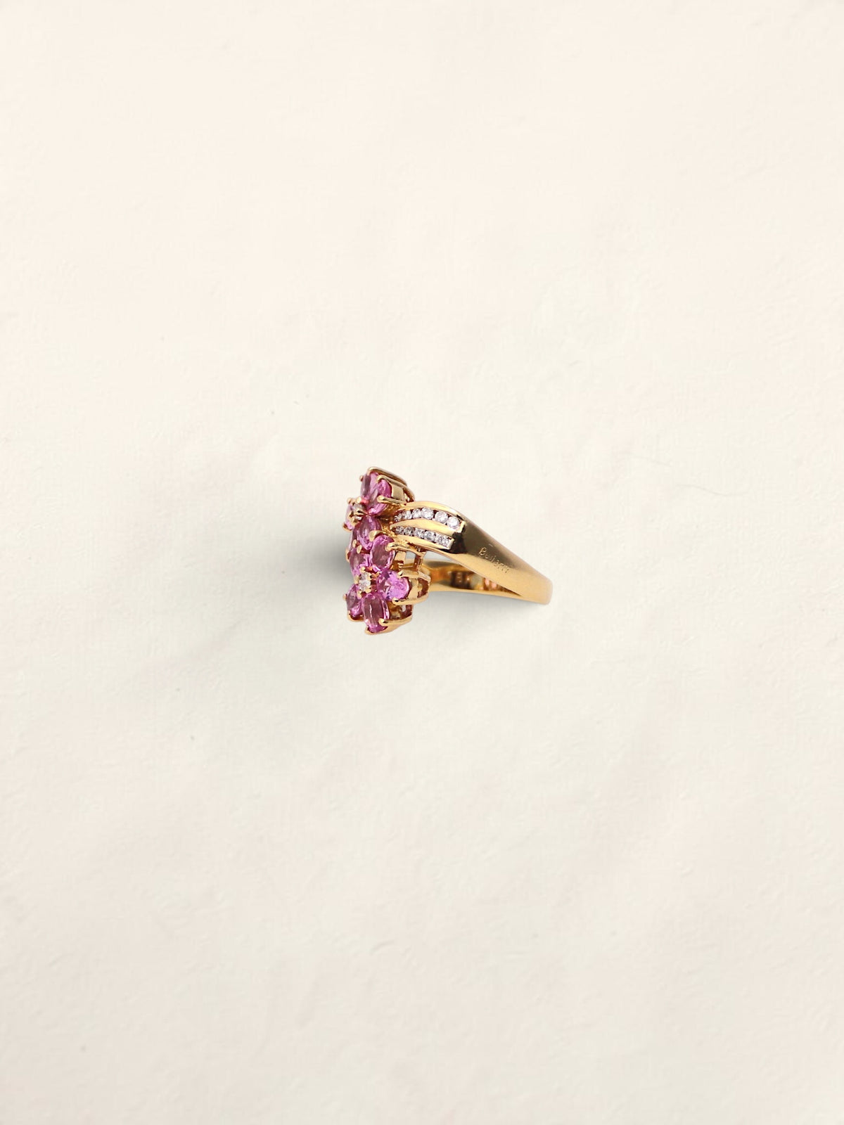 18K Yellow Gold Pink Sapphire Flower Ring with Diamonds