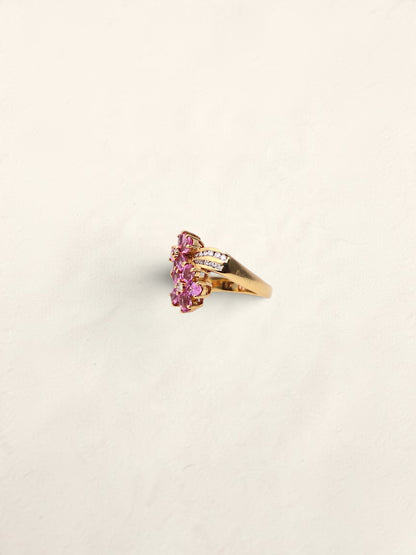 18K Yellow Gold Pink Sapphire Flower Ring with Diamonds