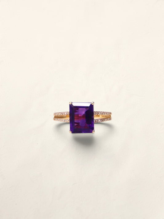 14K Yellow Gold Amethyst and Diamond Ring