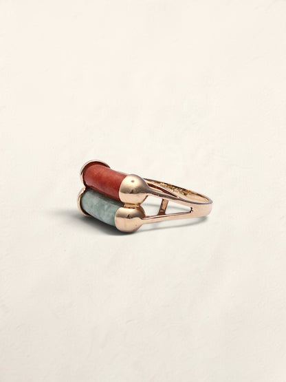 14k Green & Red Jade Ring