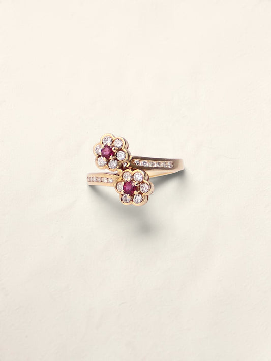14K Yellow Gold Flower Pink Topaz and Diamond Ring