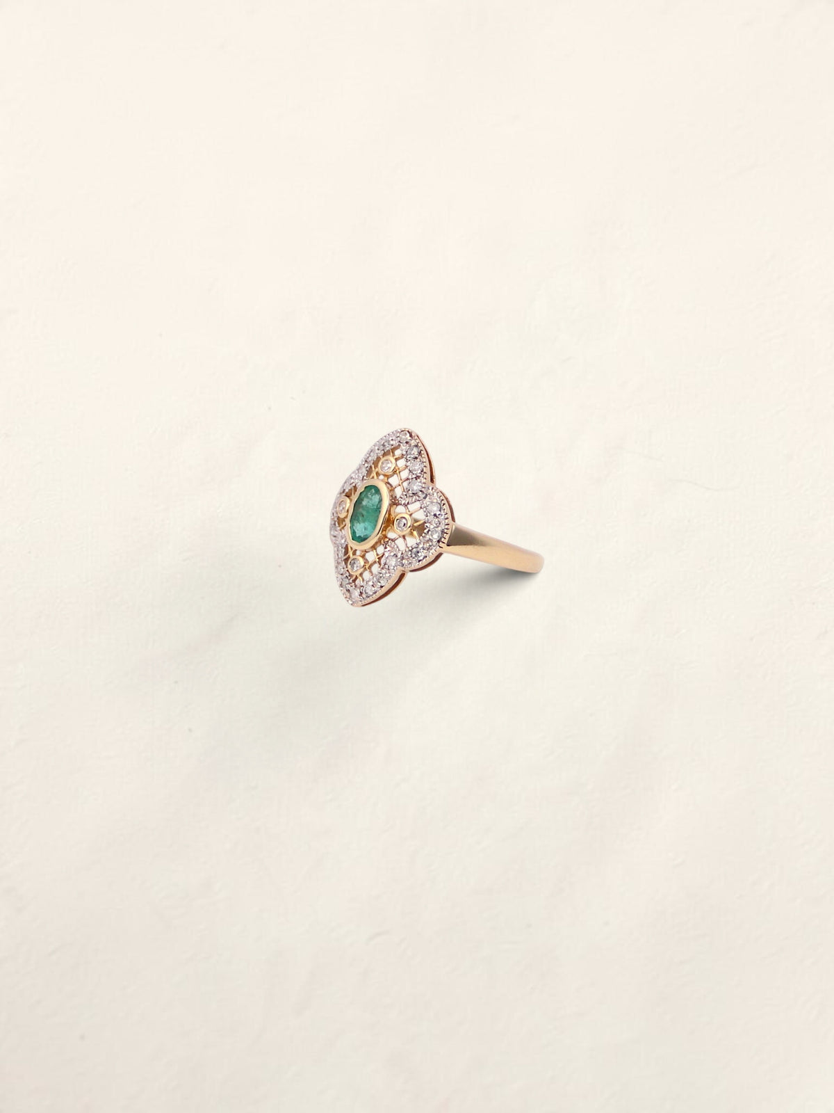 14K Yellow Gold Antique Emerald and Diamond Ring