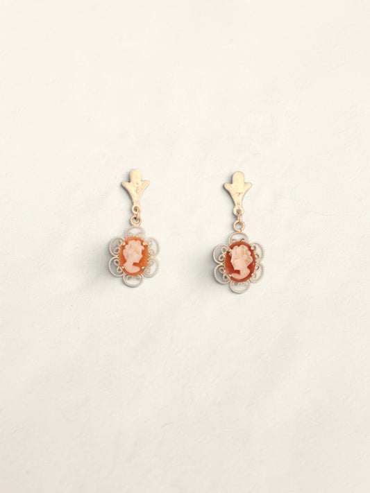 14k Gold Orange Cameo Earrings