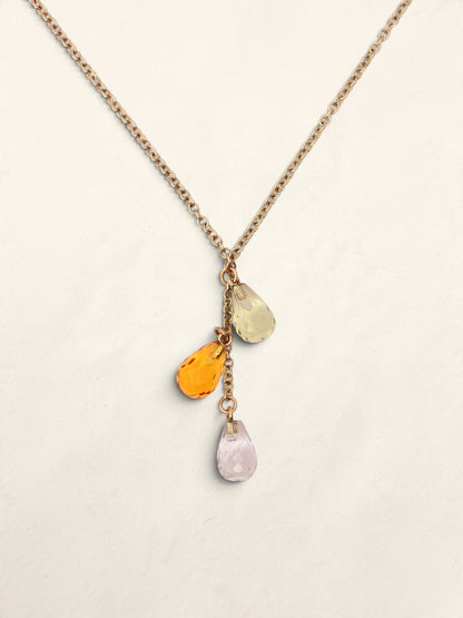 14K Yellow Gold Beaded Quartz Drop Necklace