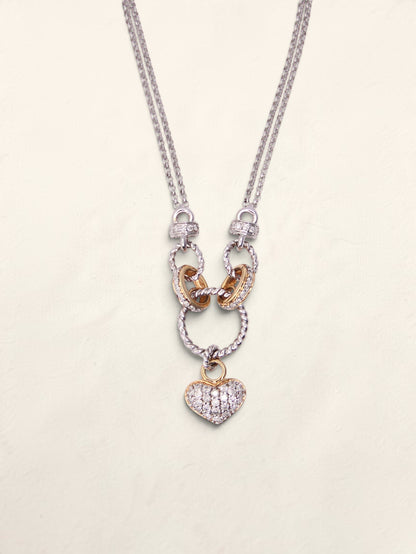 14K Two Tone Double Link Diamond Heart Pendant Necklace