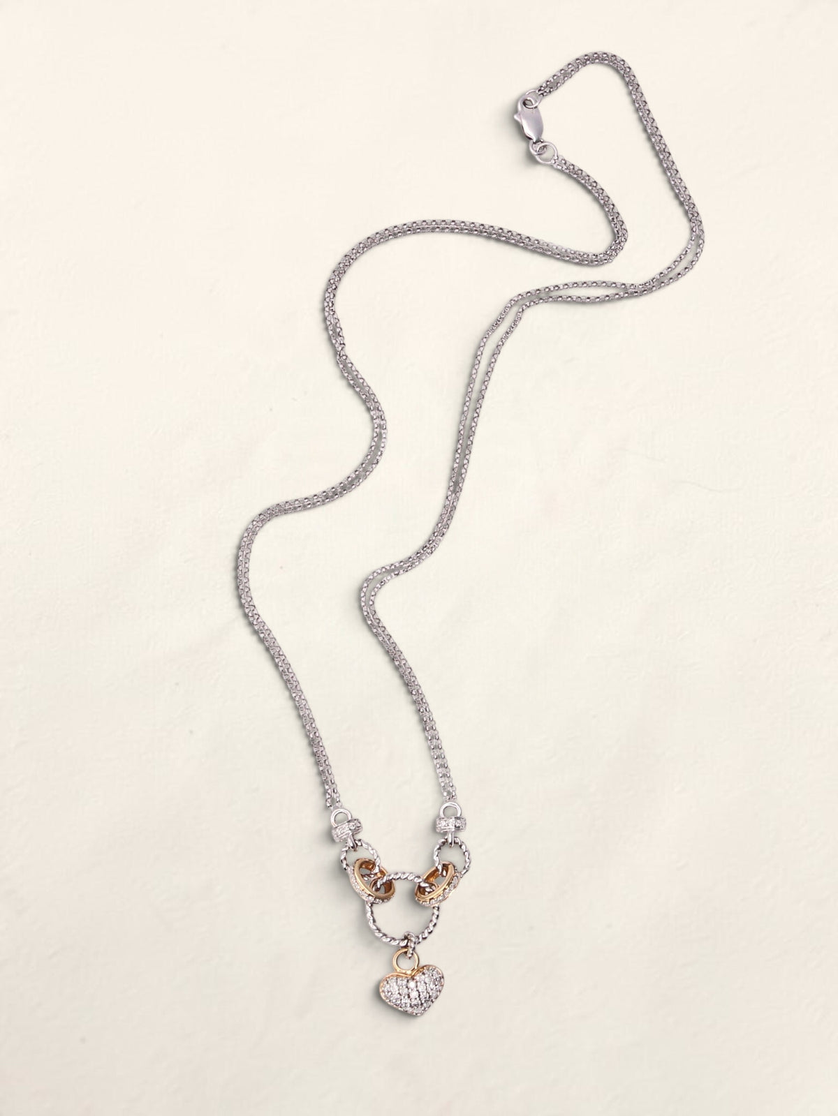 14K Two Tone Double Link Diamond Heart Pendant Necklace