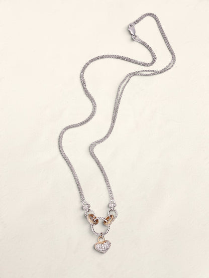 14K Two Tone Double Link Diamond Heart Pendant Necklace