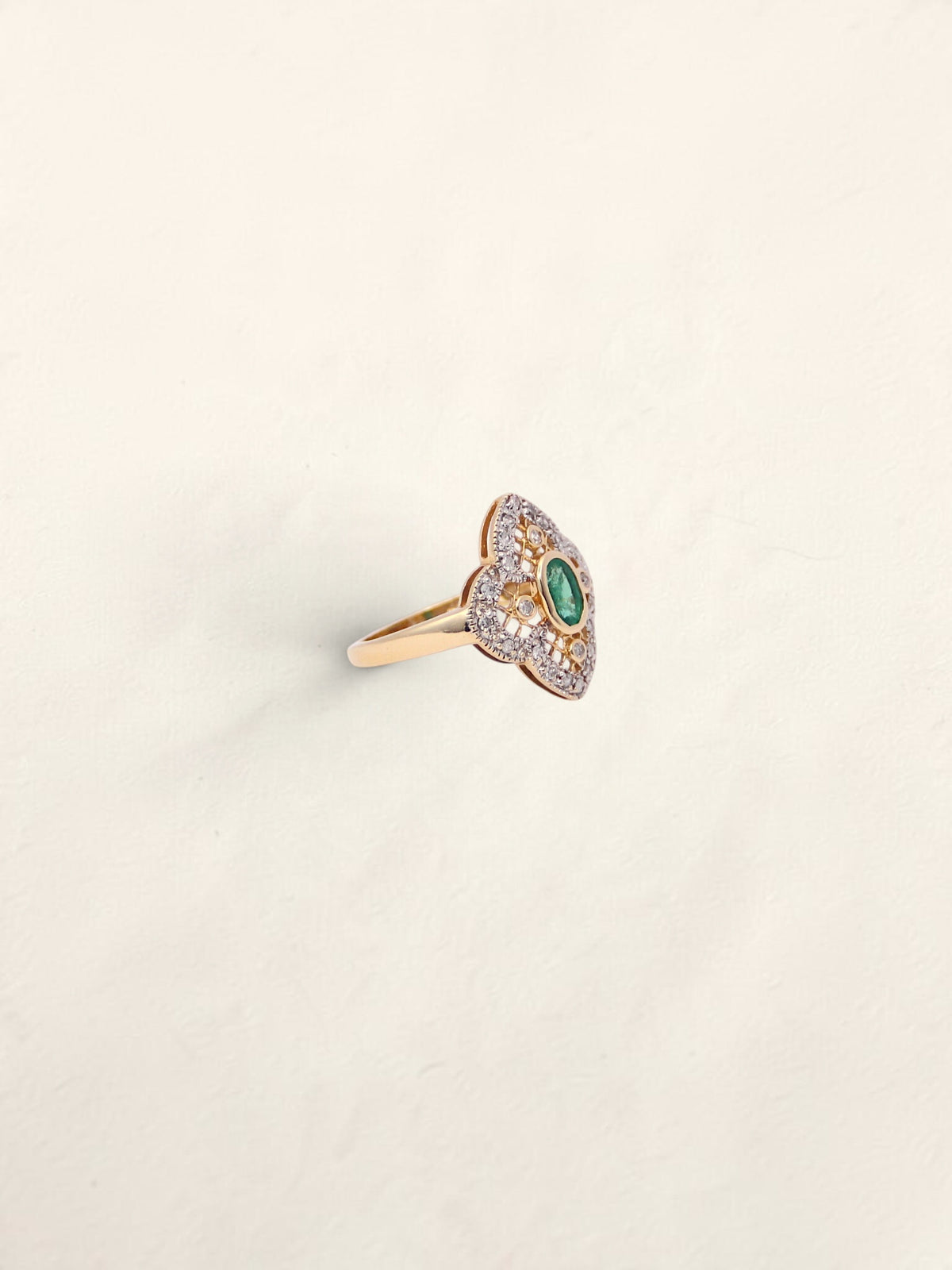 14K Yellow Gold Antique Emerald and Diamond Ring