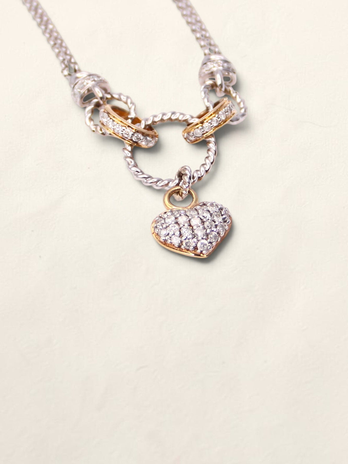 14K Two Tone Double Link Diamond Heart Pendant Necklace