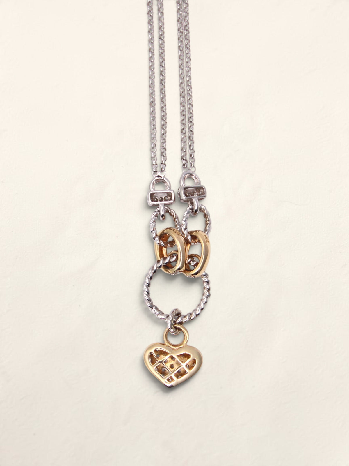 14K Two Tone Double Link Diamond Heart Pendant Necklace