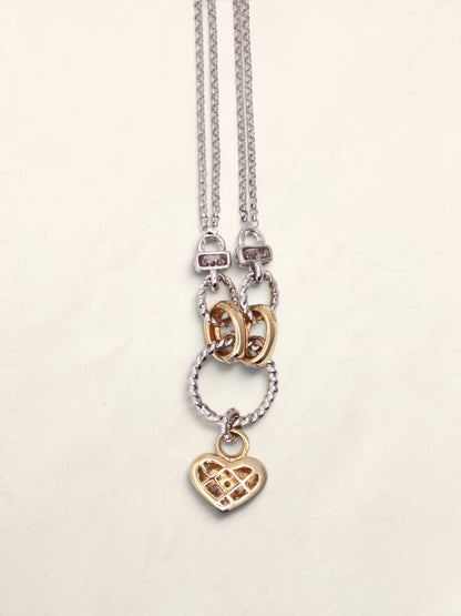 14K Two Tone Double Link Diamond Heart Pendant Necklace