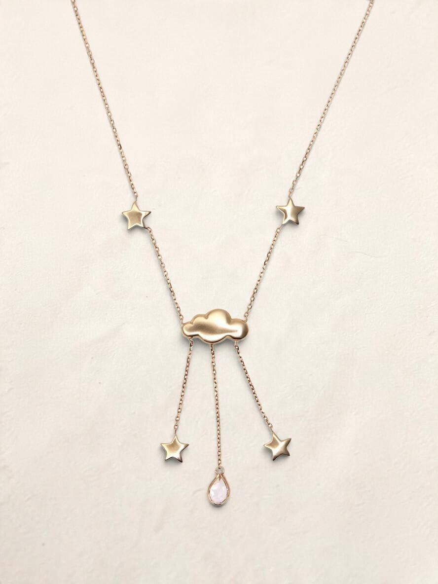 14K Yellow Gold Rain Cloud and Star Pendant Necklace
