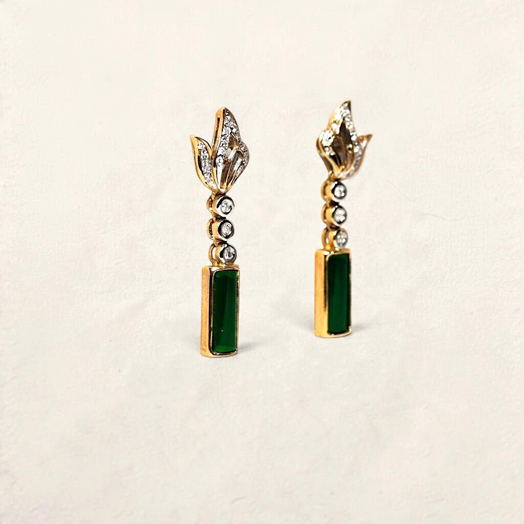 18K Yellow Gold Green Earrings with Diamonds
