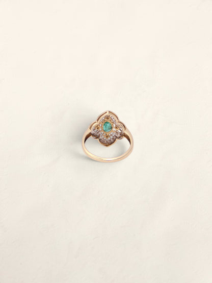 14K Yellow Gold Antique Emerald and Diamond Ring