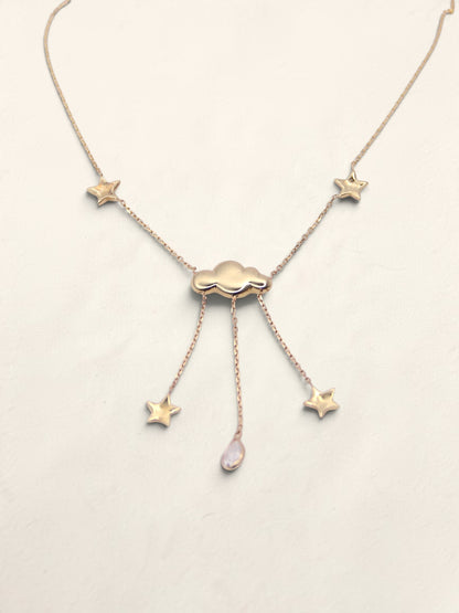 14K Yellow Gold Rain Cloud and Star Pendant Necklace