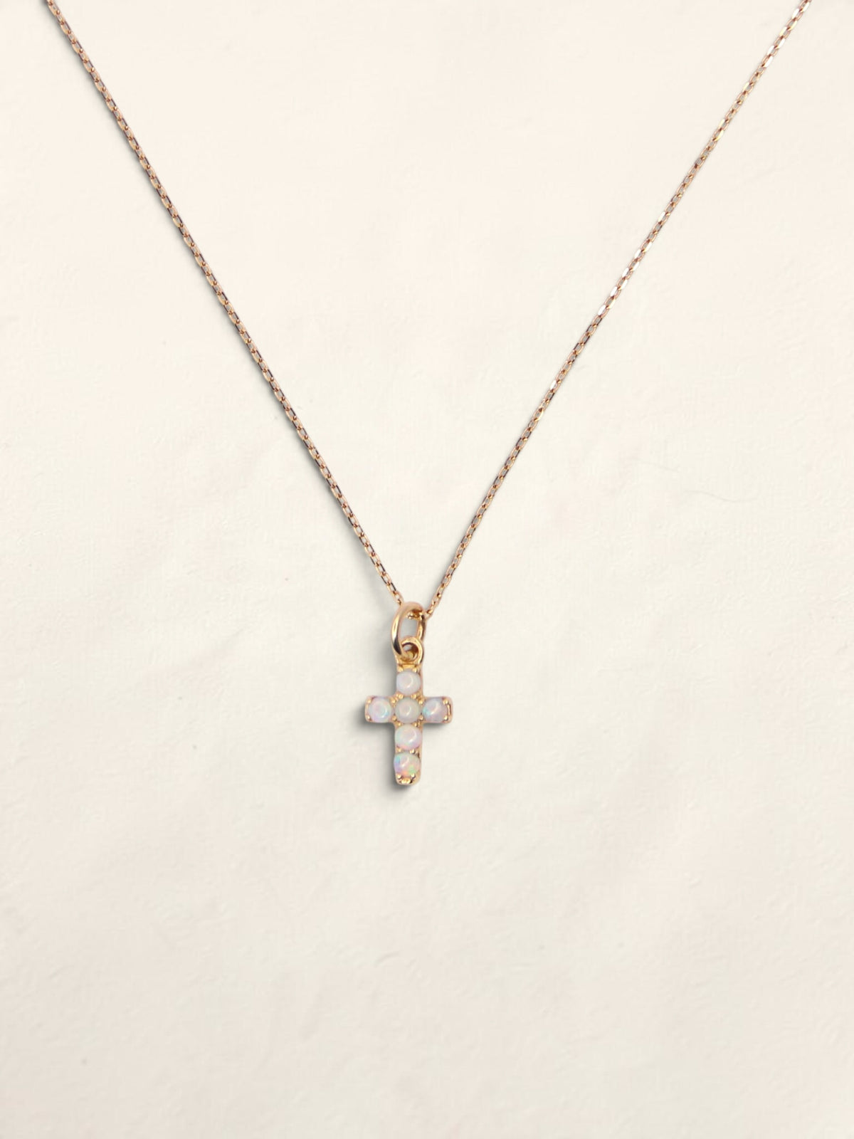 14K Yellow Gold Mini Opal Cross Pendant Necklace