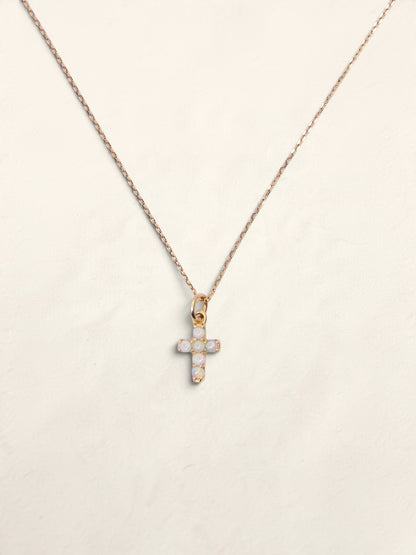 14K Yellow Gold Mini Opal Cross Pendant Necklace
