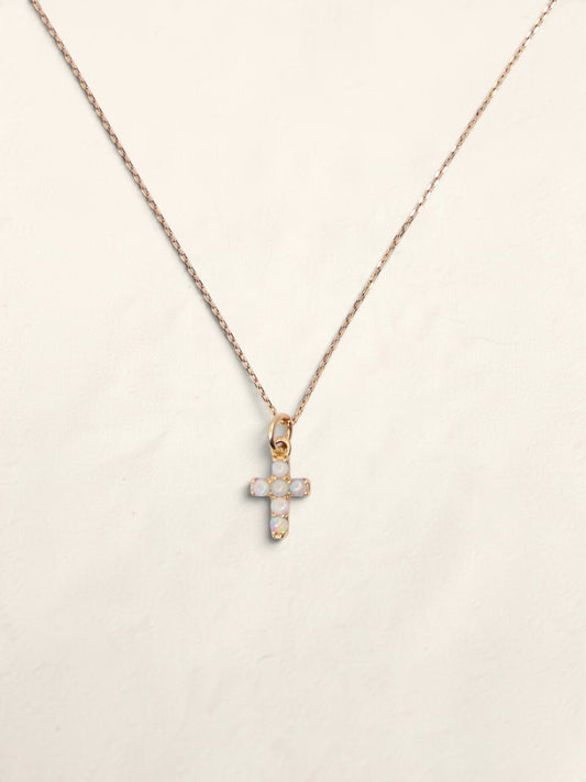 14K Yellow Gold Mini Opal Cross Pendant Necklace