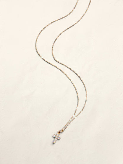 14K Yellow Gold Mini Opal Cross Pendant Necklace