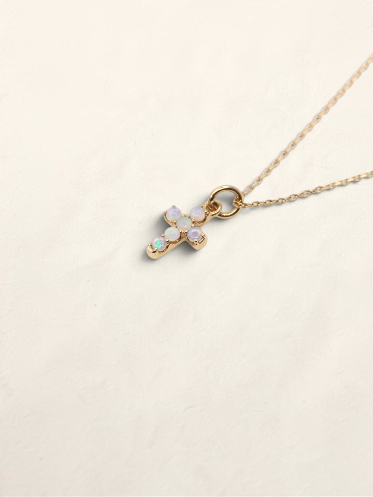 14K Yellow Gold Mini Opal Cross Pendant Necklace