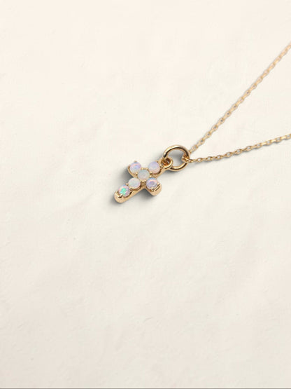 14K Yellow Gold Mini Opal Cross Pendant Necklace