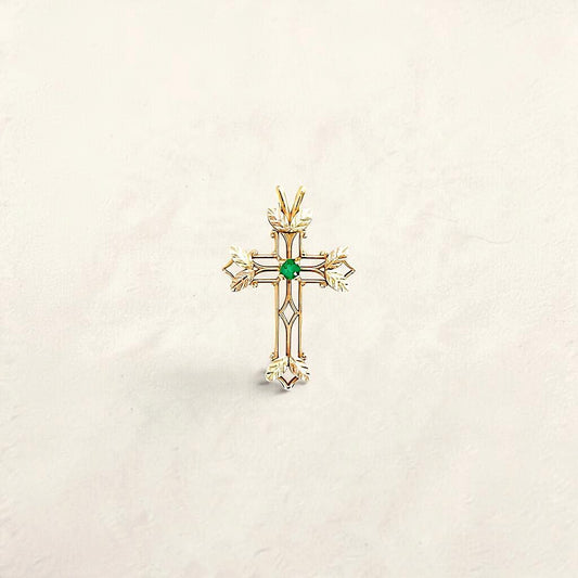 10K Two-Tone Emerald Cross Pendant